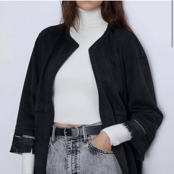 ZARA Faux Suede Fringed Trim Boho Jacket in Black Medium Women’s Festival - Picture 2 of 15